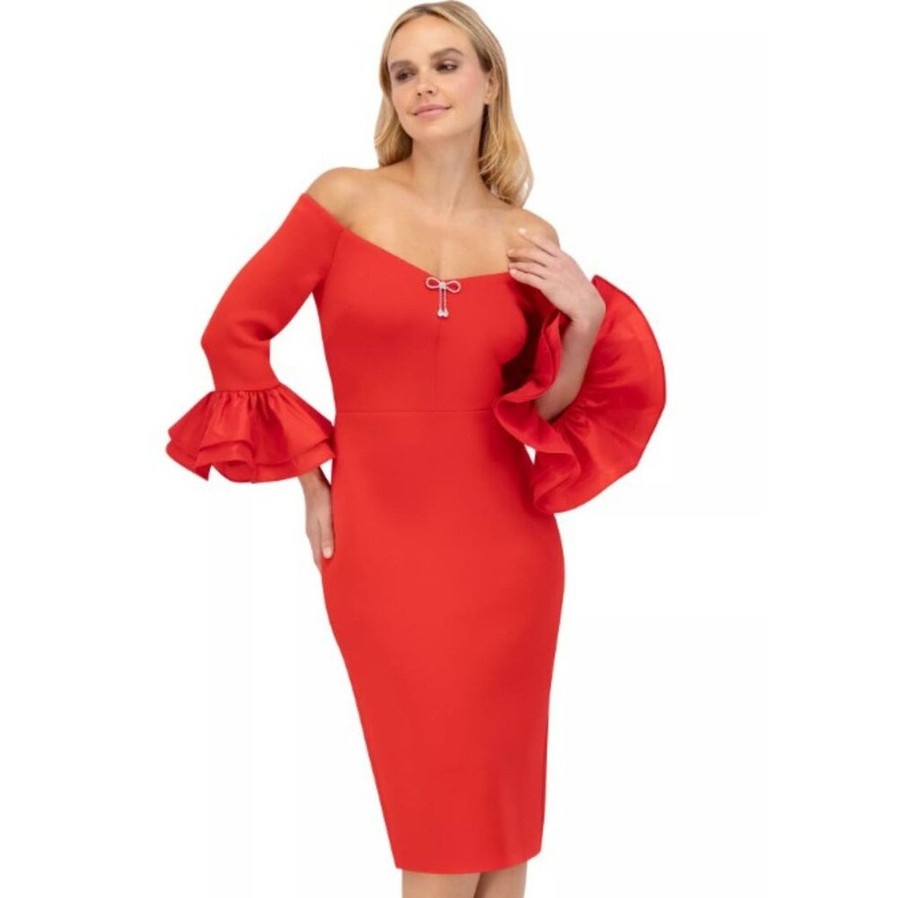 Eliza J Red Ruffled-Cuff Off-The-Shoulder Cocktail‎ Dress - SZ 4 - NWT